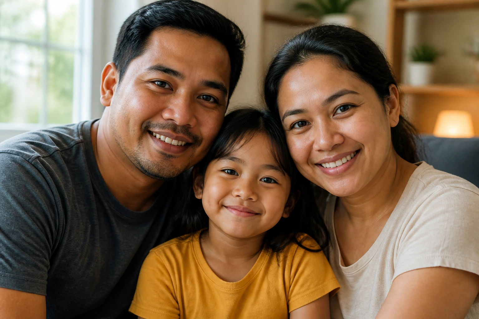Family portrait of a couple with child in a cozy home, illustrating EB-3 derivative beneficiaries.