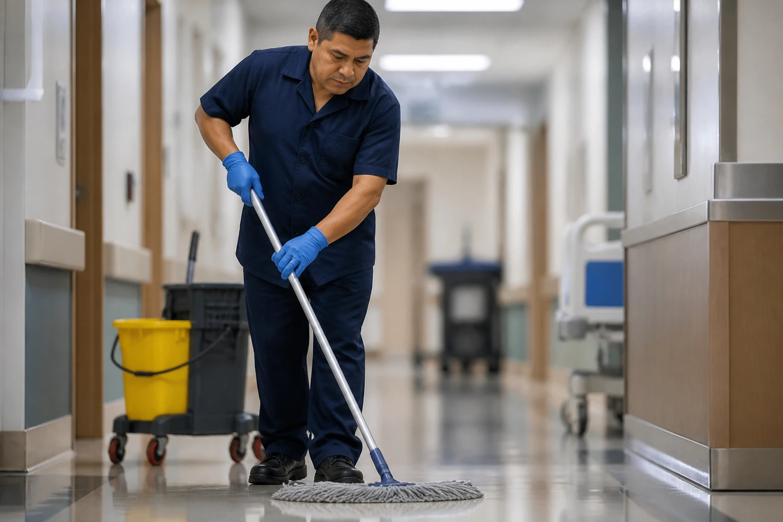 Janitor in hospital corridor cleaning, suggesting legitimate sponsorship work sites