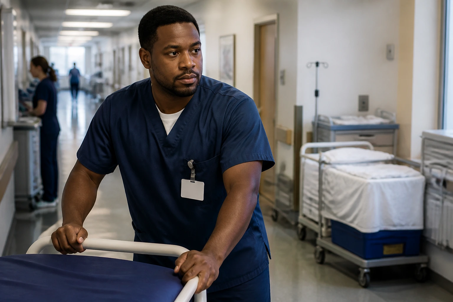 Close-up of a hospital orderly in a corridor suitable for EB-3 other worker route discussion.