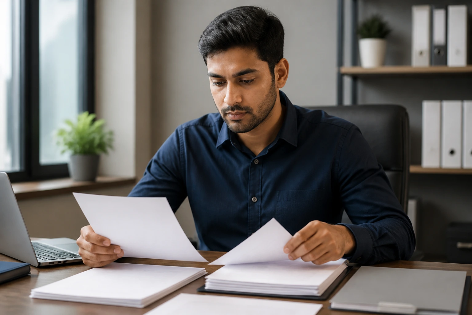 Close-up of a real person at a desk organizing blank documents for EB-3 sponsorship readiness