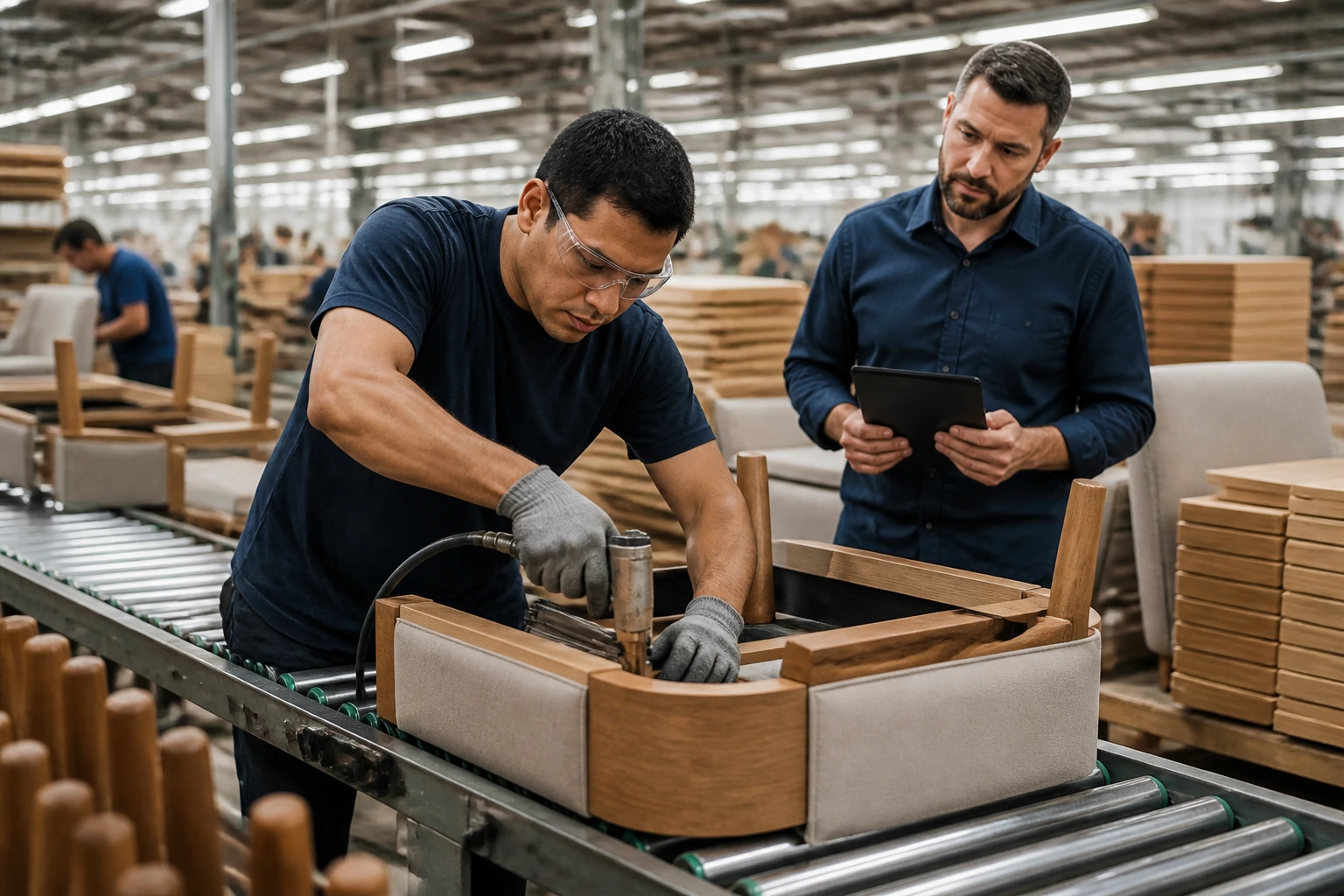 Factory worker on year-round production line with supervisor oversight