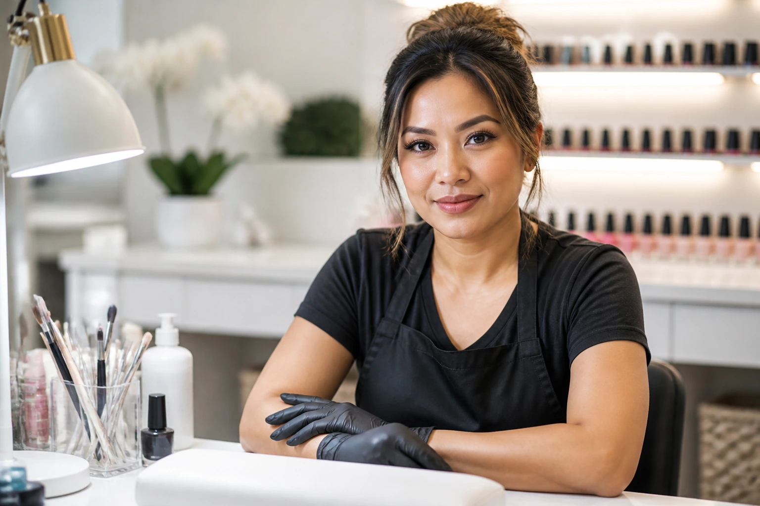 Portrait of nail technician in salon representing EB-3 sponsorship context.