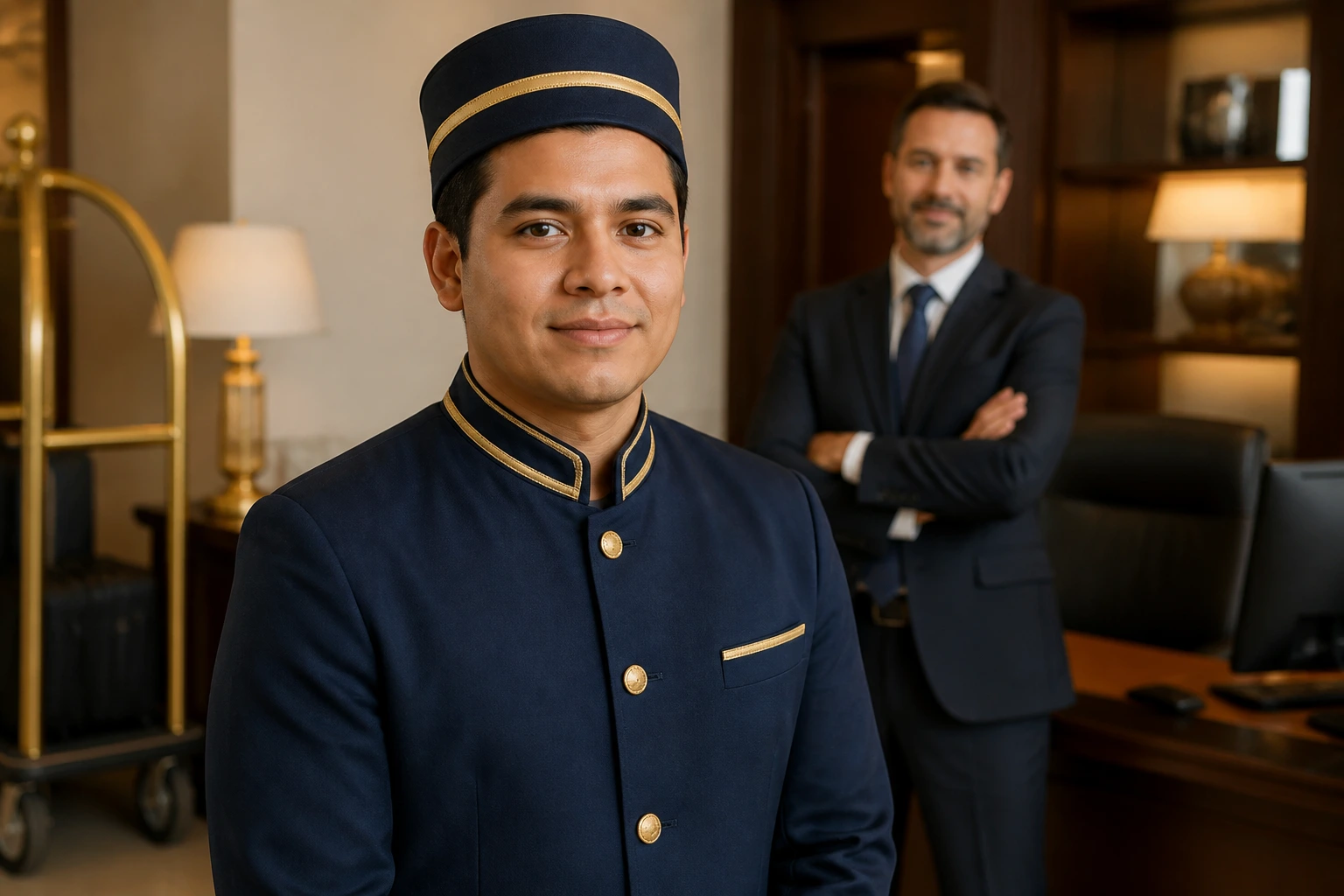 Bellhop in hotel office discussing permanent sponsorship possibilities