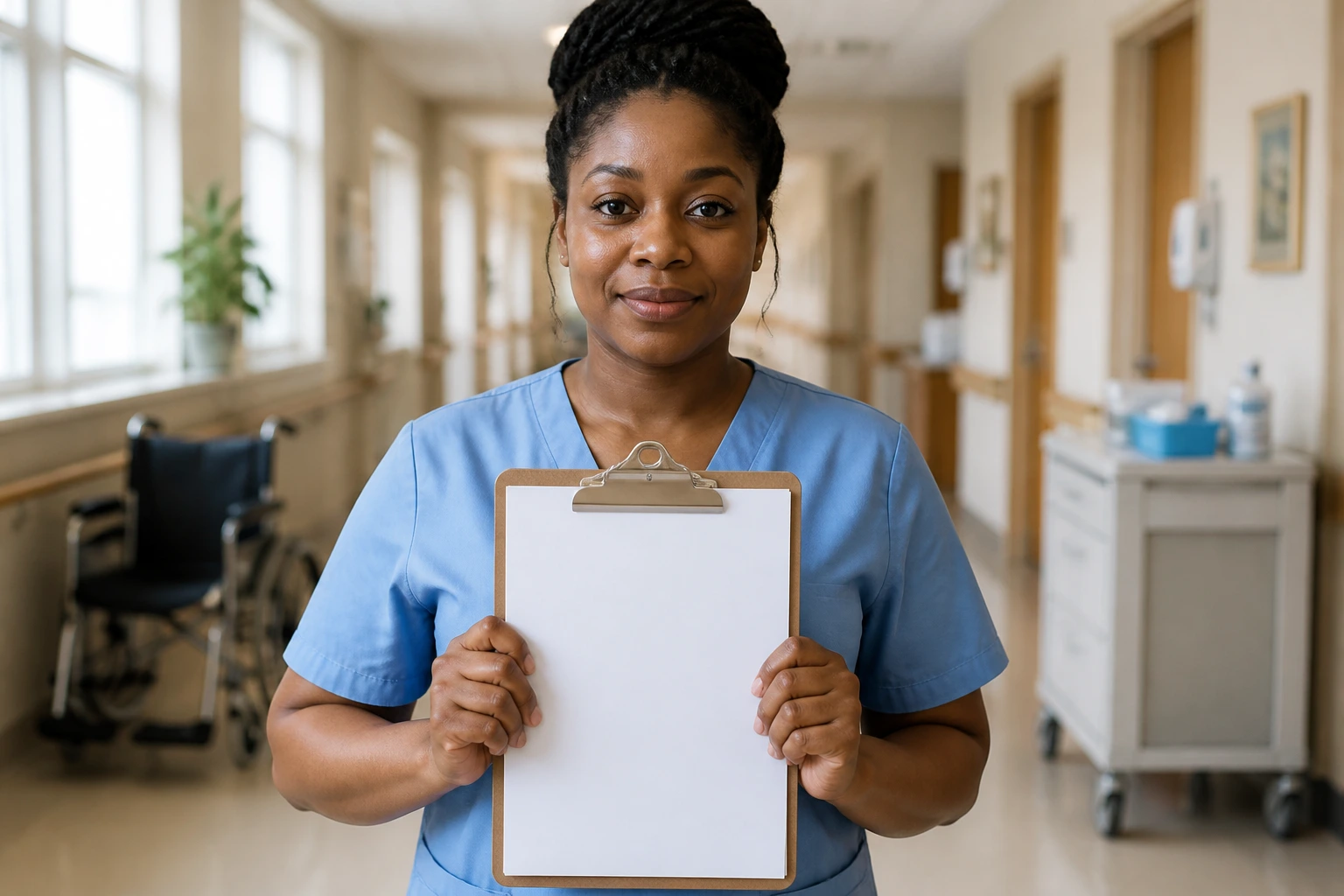 Close-up of a real CNA in scrubs holding a blank clipboard in a nursing home corridor
