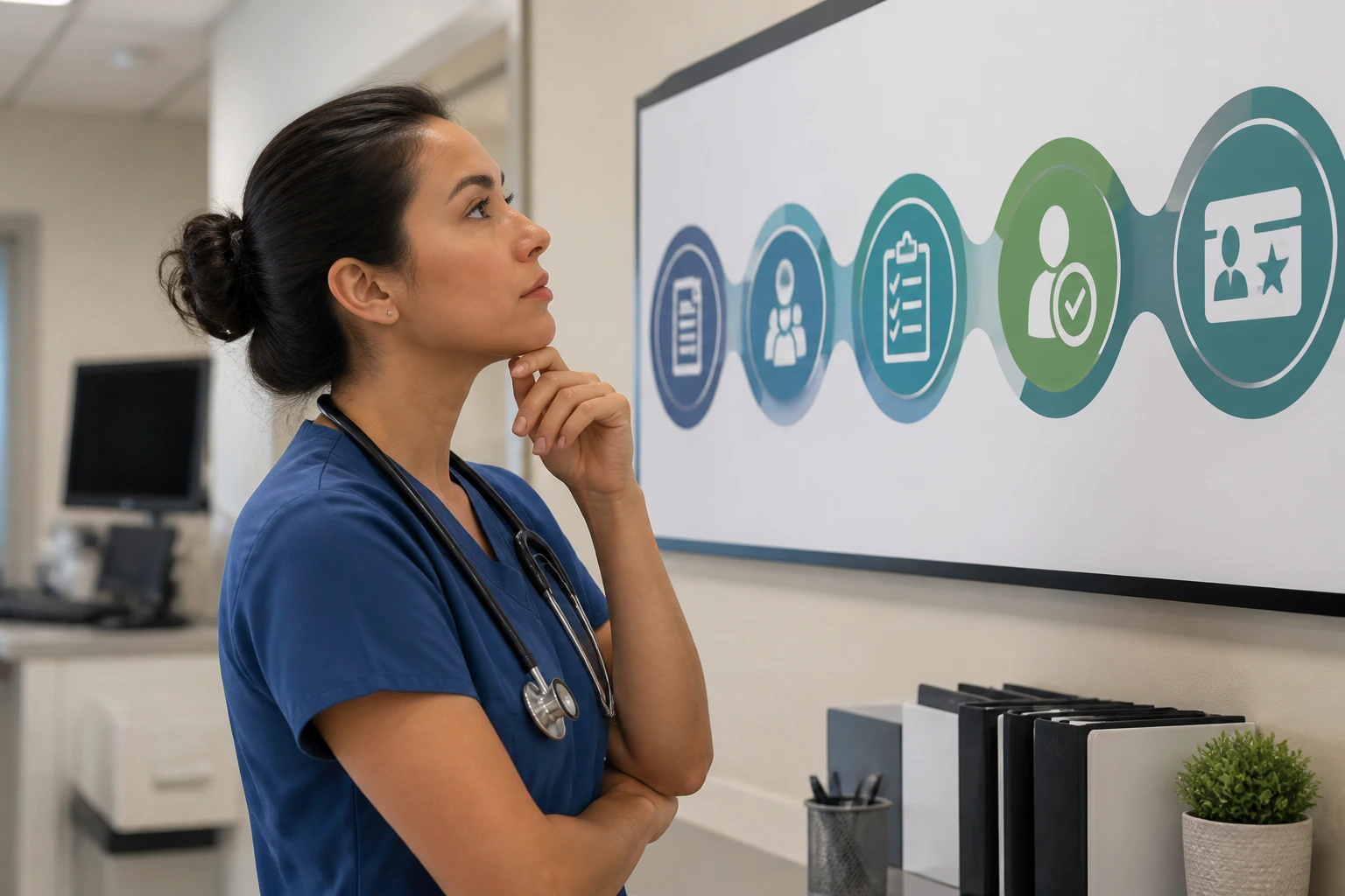 Nurse examining EB-3 green card pathway flowchart in hospital admin area.