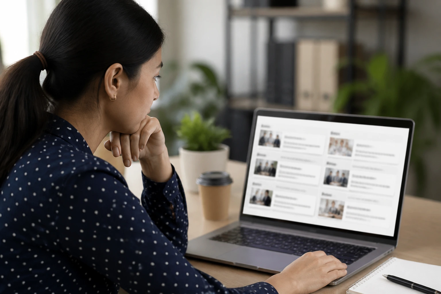 Person exploring EB-3 sponsorship job listings on laptop in an office.