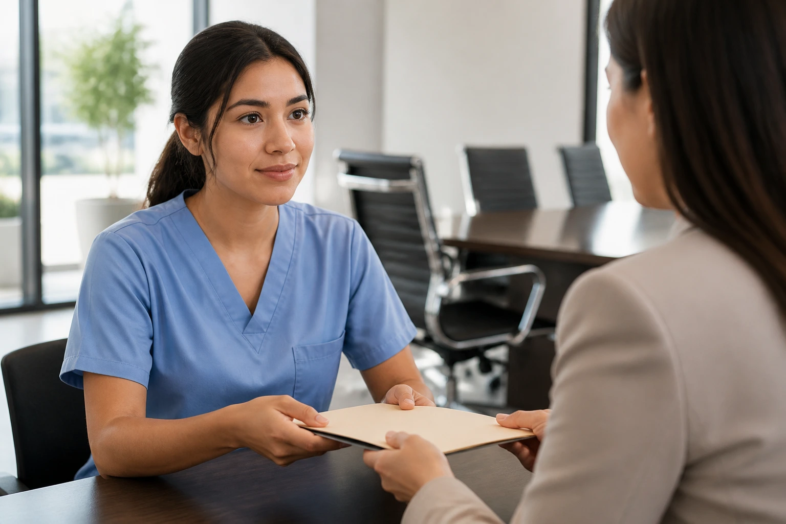 Medical professional in clinic discussing employer-sponsored green card options