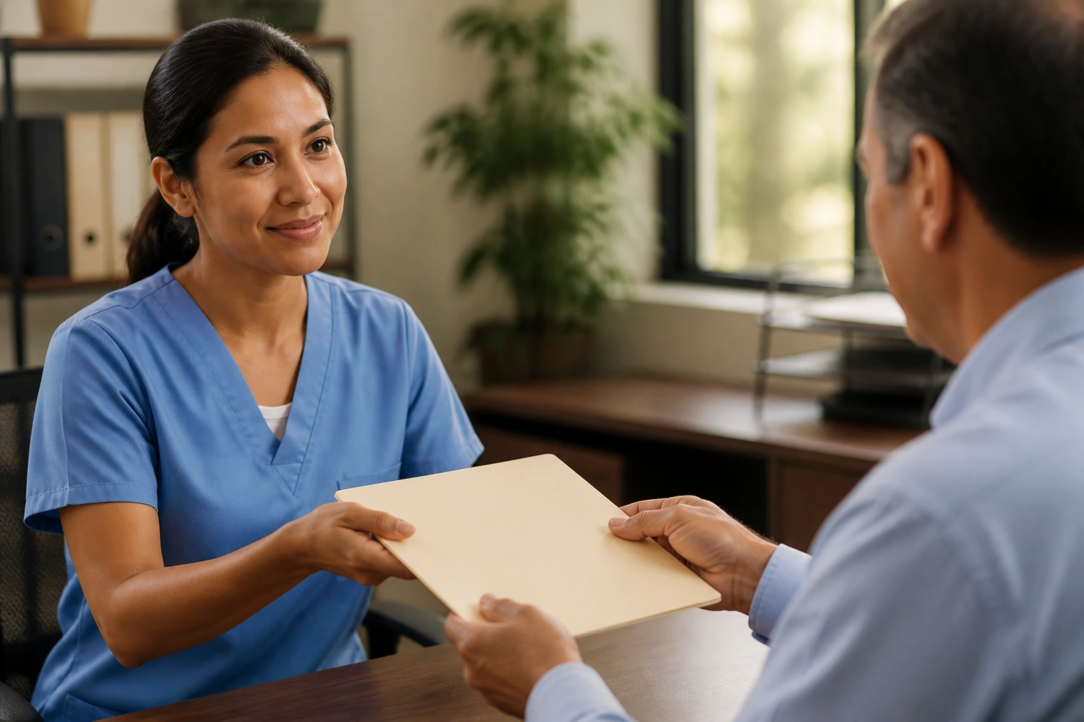 Caregiver and employer in office exchange a folder