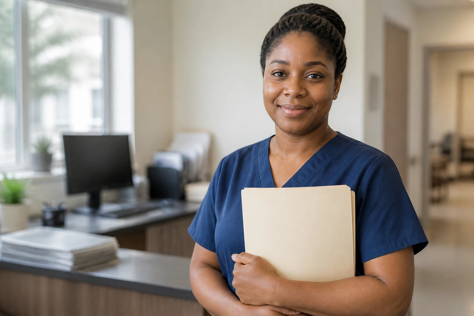 CNA in scrubs holding a blank folder in a nursing home office