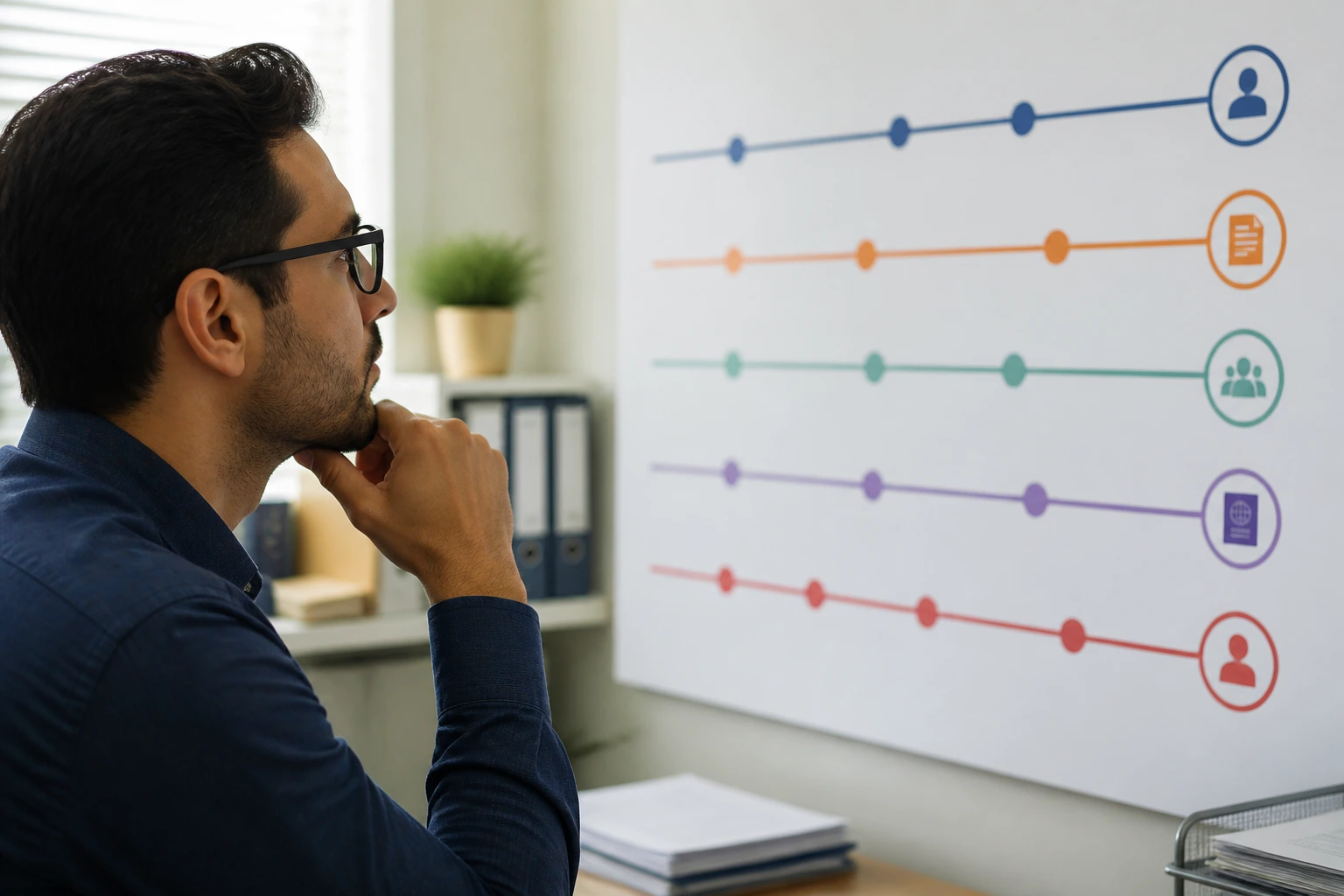 Person reviewing a timeline of EB-3 process duration in an office.
