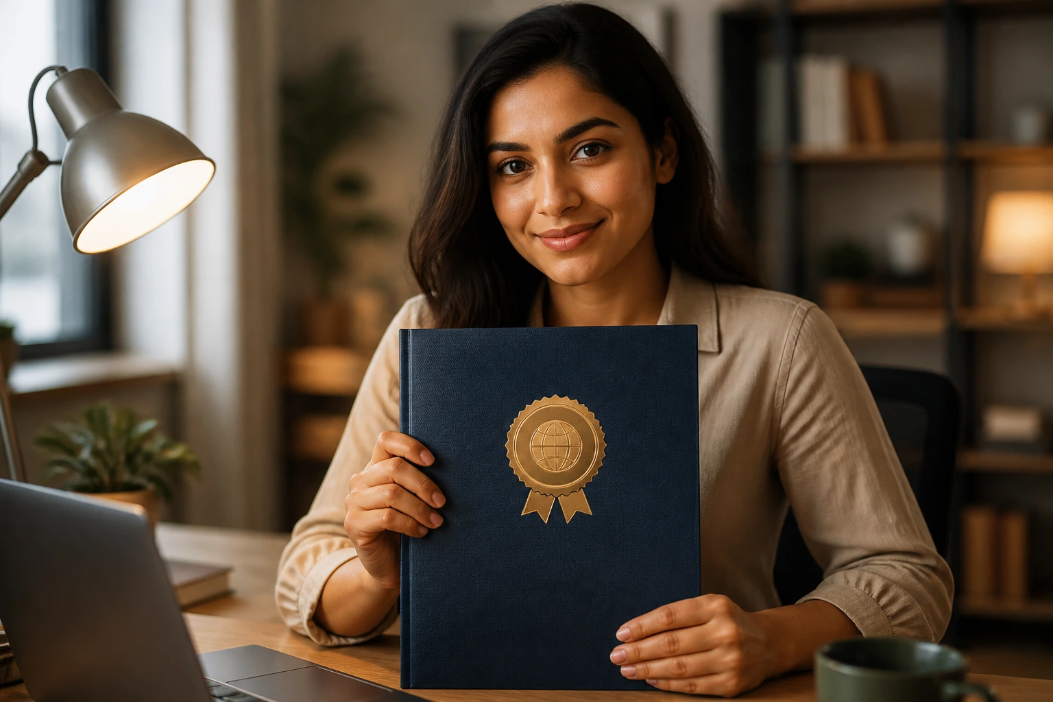 Person holding a folder with a generic certificate emblem in a home office