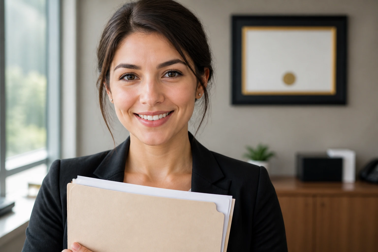 Close-up of a person with blank documents and a diploma backdrop in a modern office
