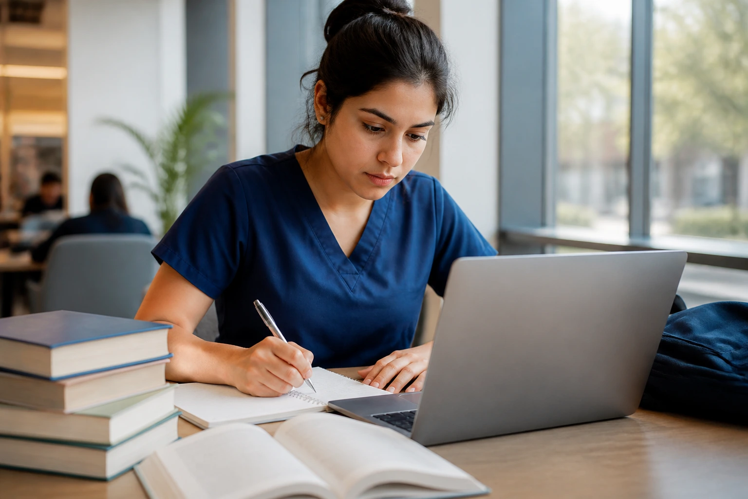 Student studying for dental hygiene education pathways in a real study room