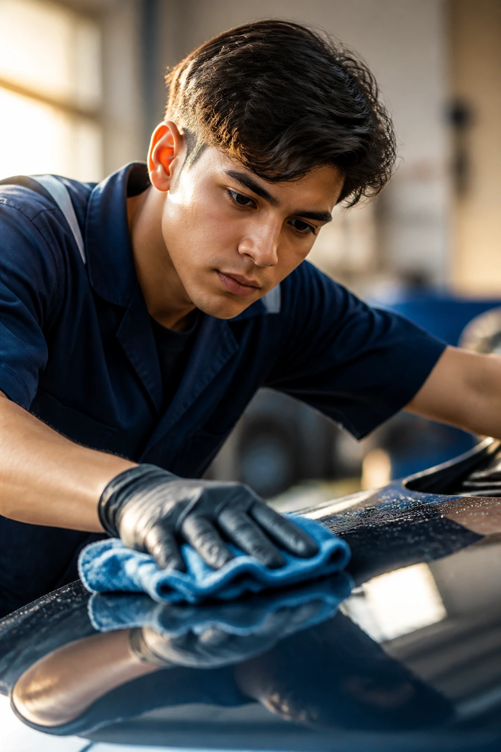 Trainee in car wash uniform detailing a car surface with polishing cloth