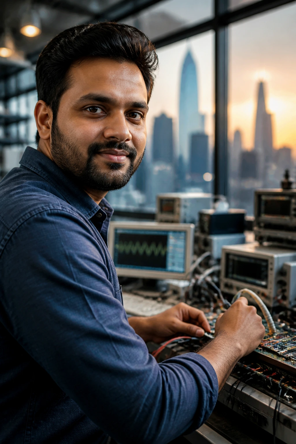 Close-up portrait of an electrical engineer in a high-tech lab with city skyline