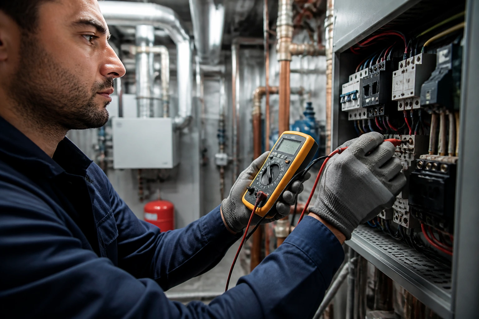Hands using a multimeter on an electrical circuit in a mechanical room