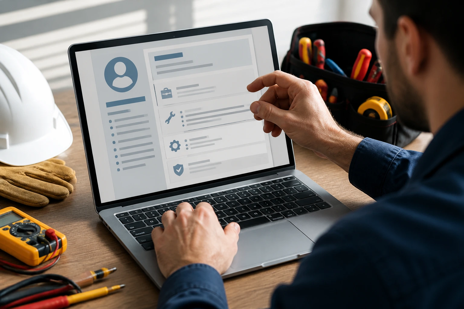 Hands arranging a resume on a laptop in a tidy office
