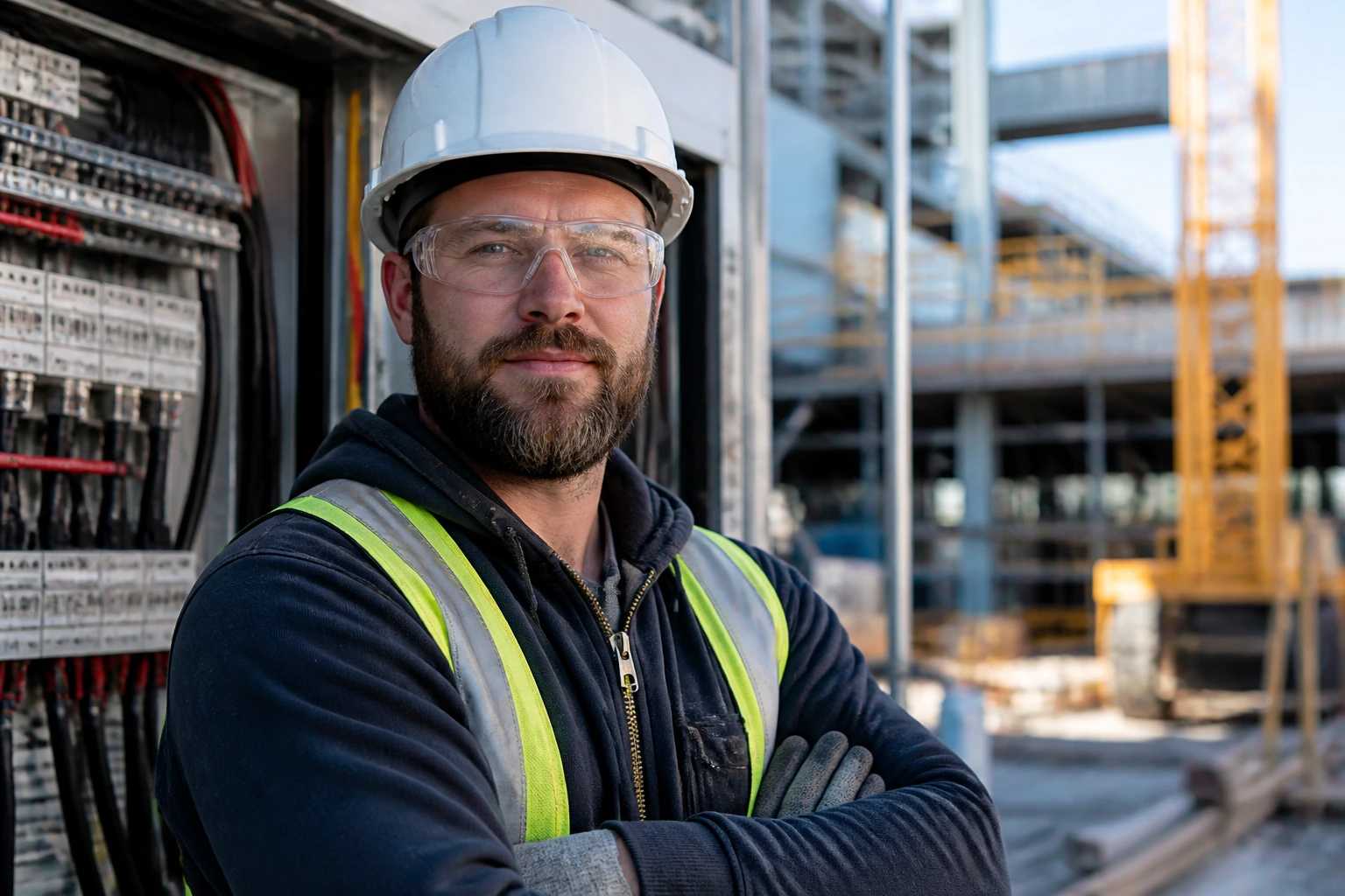 Electrician at a busy construction site, mid-shot with safety gear