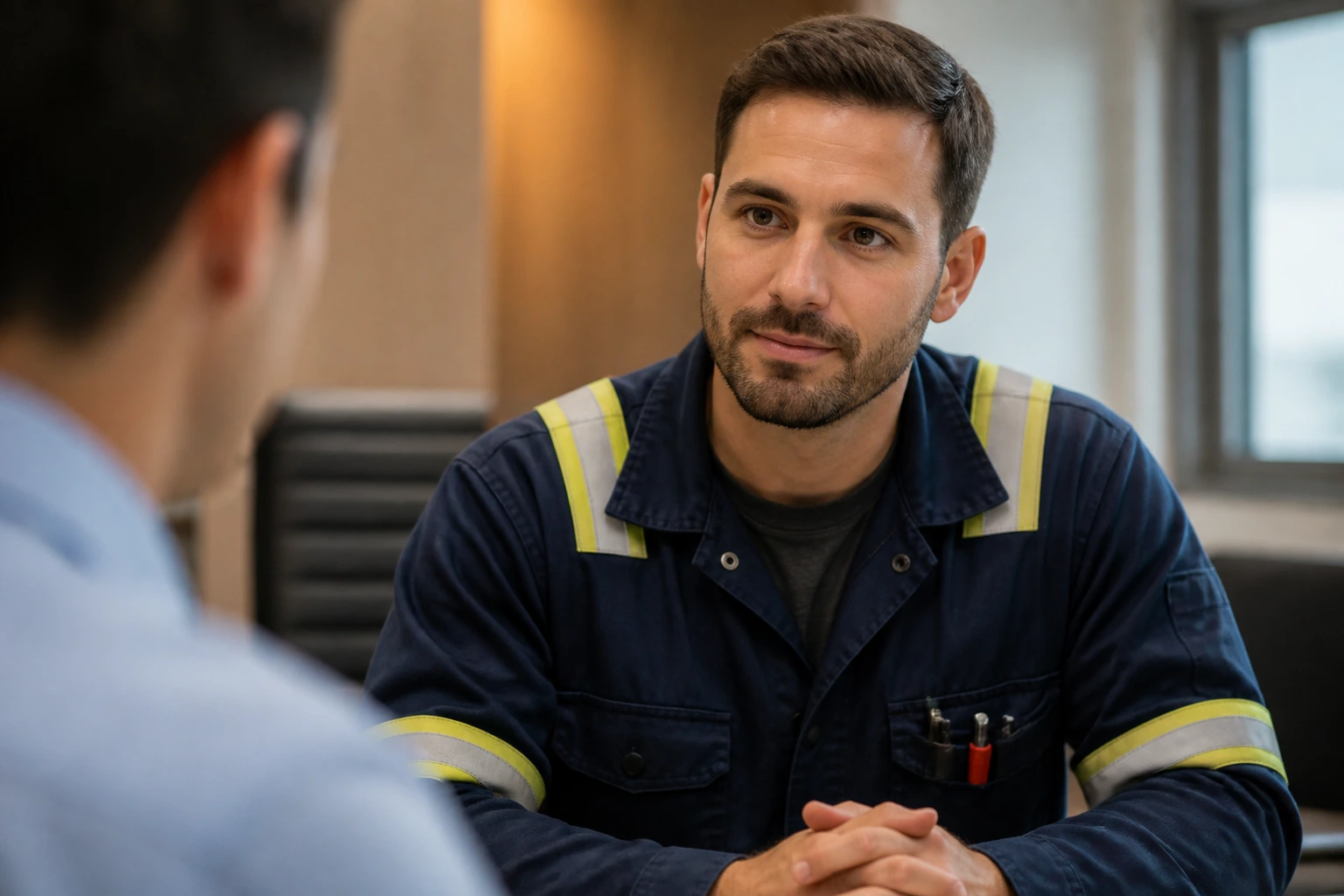 Electrician in a professional interview setting with a confident demeanor