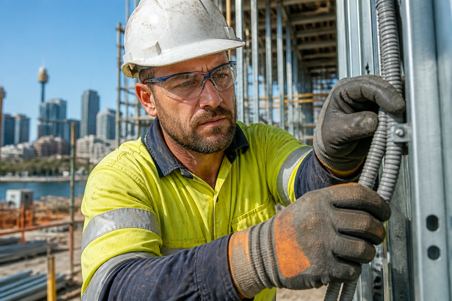 Close-up of an electrician on a construction site highlighting the Australian trade shortage