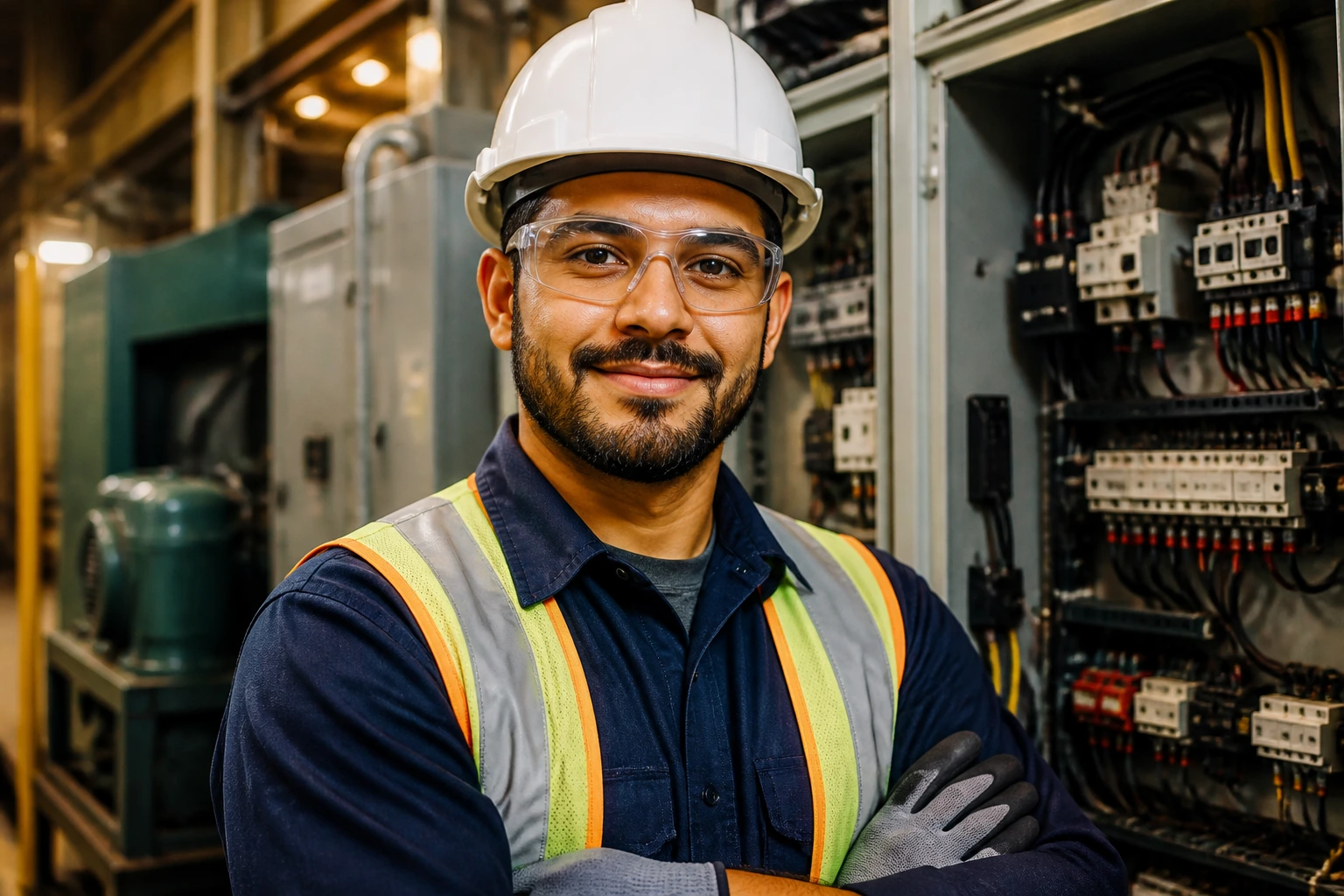 Medium close-up of a real electrician in PPE in an industrial setting