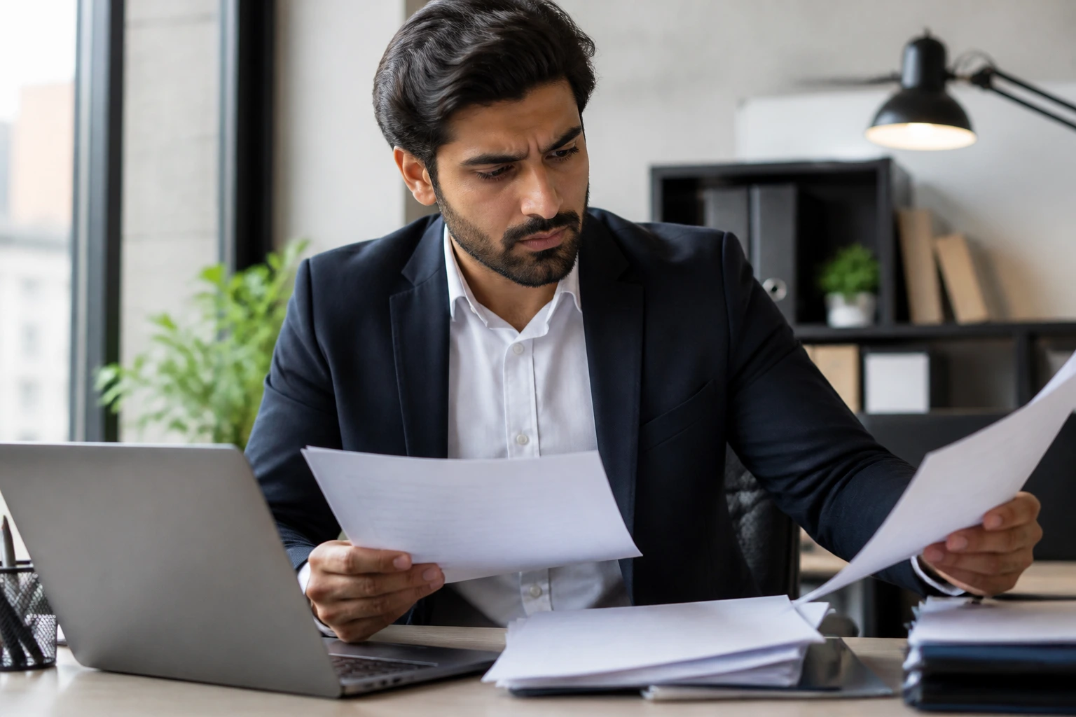Close-up of a professional assessing eligibility at a desk with blank forms in a real office