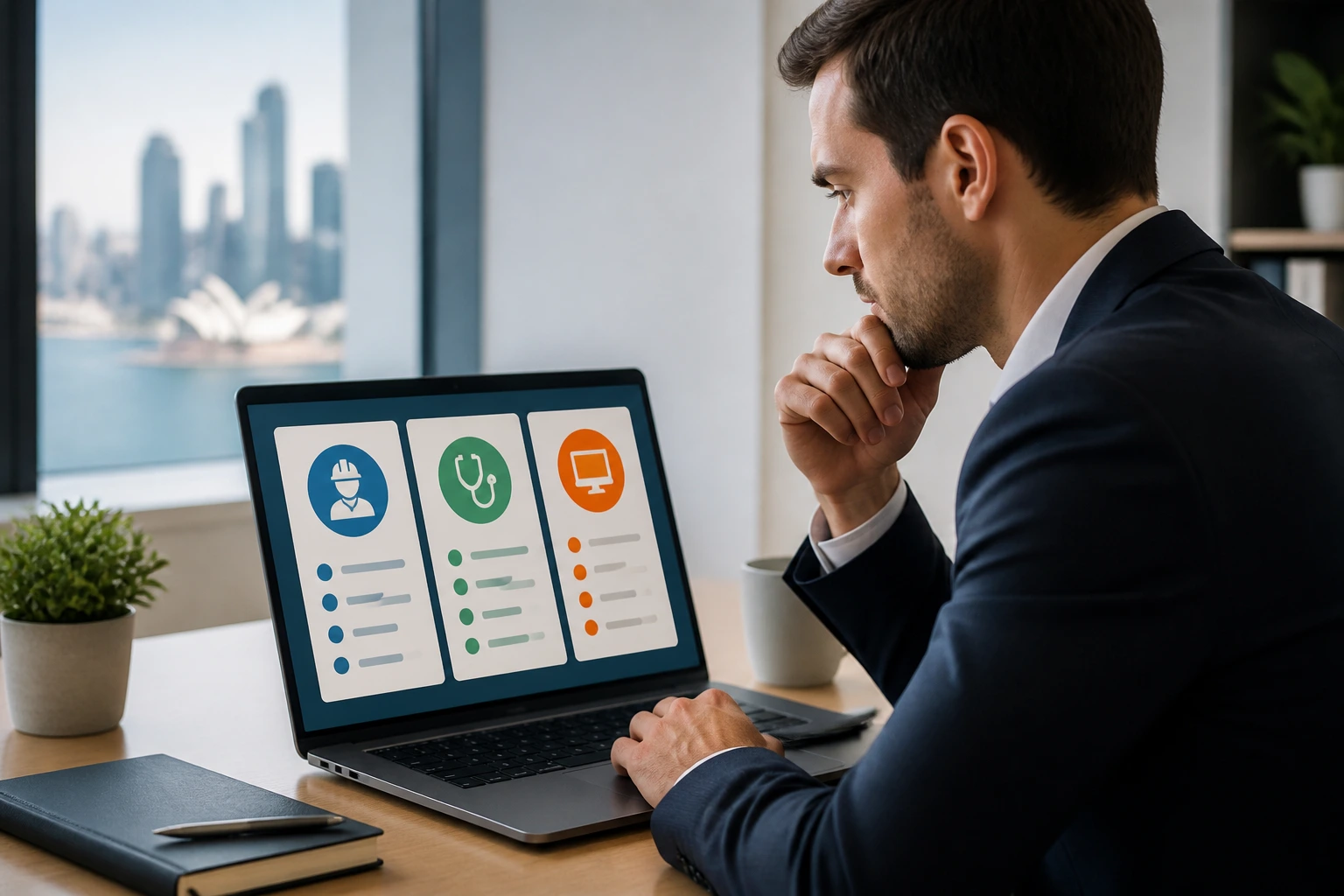 Close-up portrait of a professional evaluating occupation lists with abstract icons