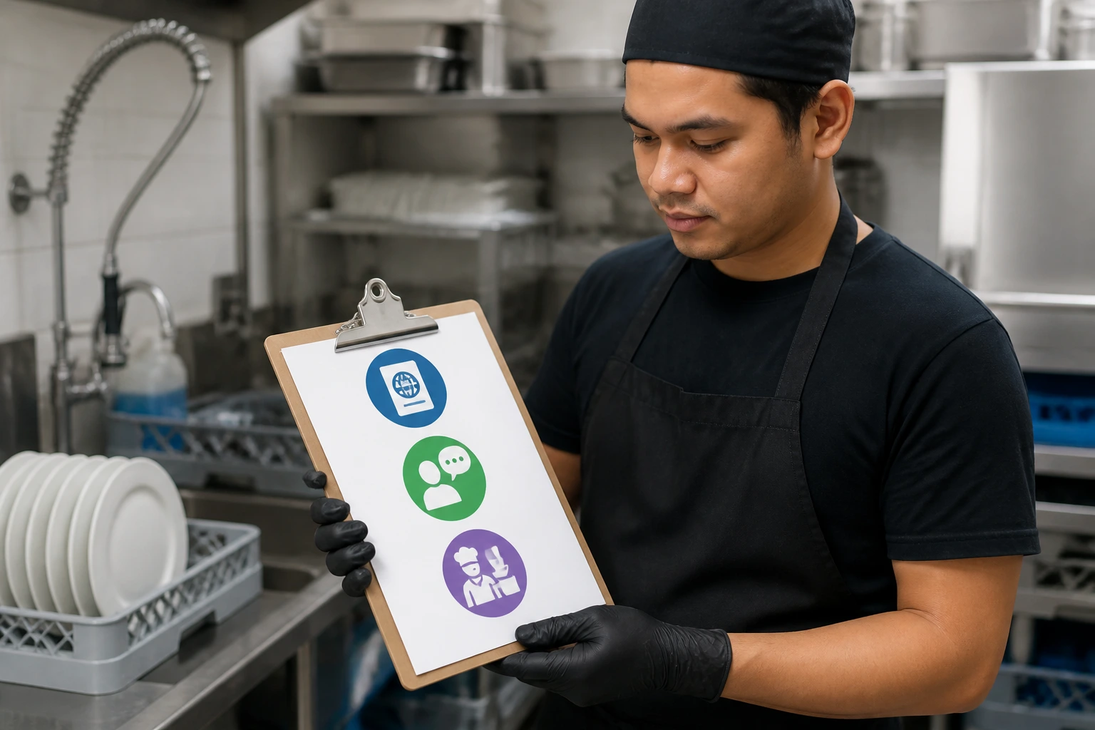 Person reviewing a checklist with icons for passport, language, and experience