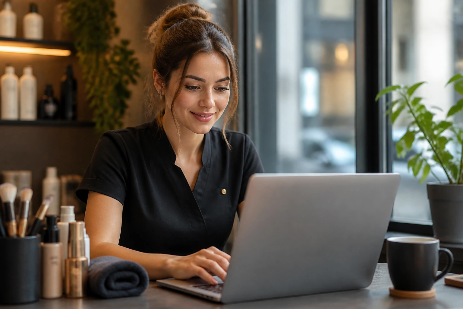 Person typing an email on a laptop at a cafe, no screen text visible.