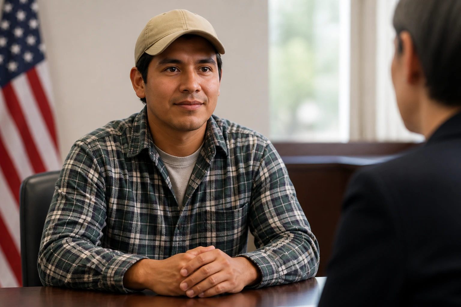 Applicant during a visa interview inside a formal office setting, awaiting questions.