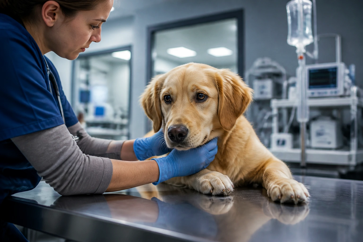 Close-up of a vet clinician's gloved hands with a calm dog on an exam table in an emergency clinic.
