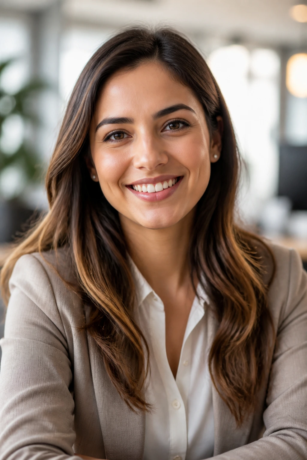 Portrait of a happy employee in an office representing benefits.