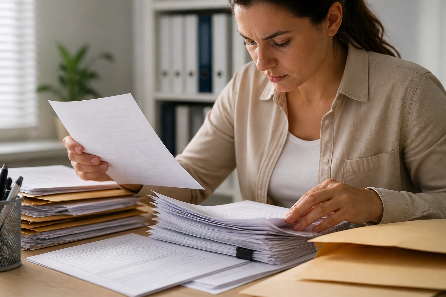 Portrait of an employee organizing visa documentation at a desk (no text on forms)