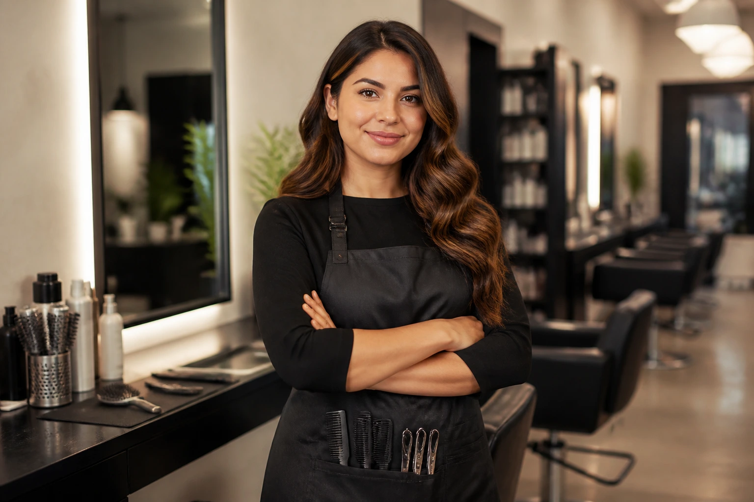 Hairstylist at a salon station portraying an employee role