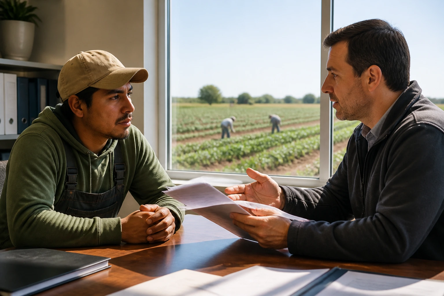 Worker discussing contract changes with an employer in an office.