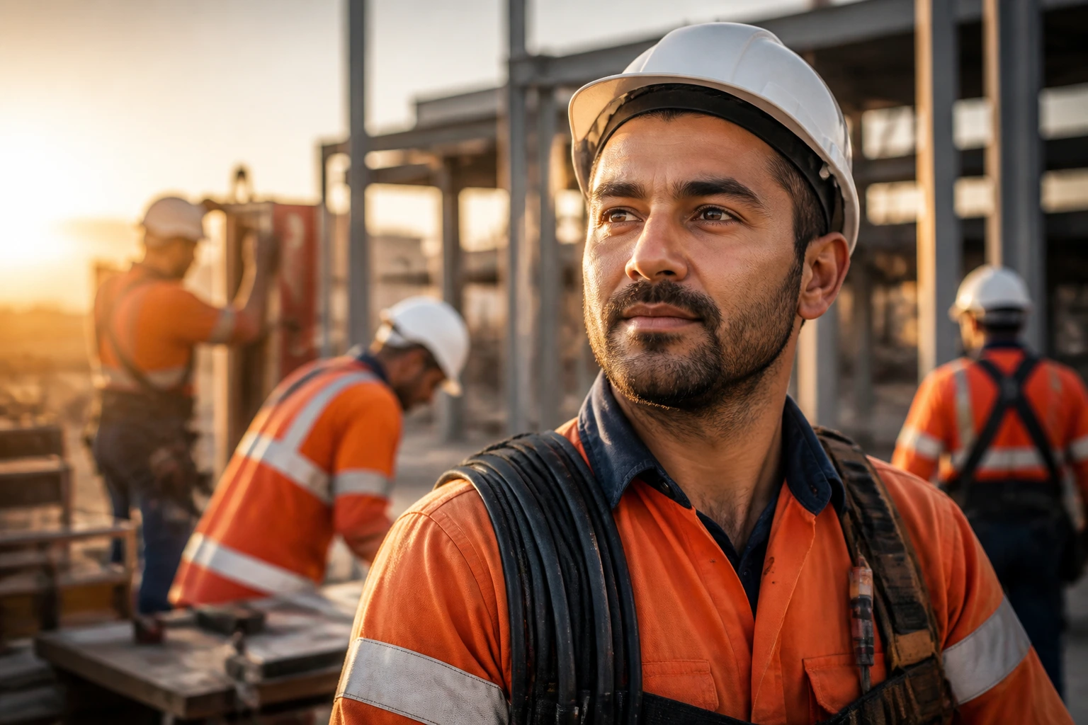 Close-up portrait of a safety-wearing tradesperson on a construction site