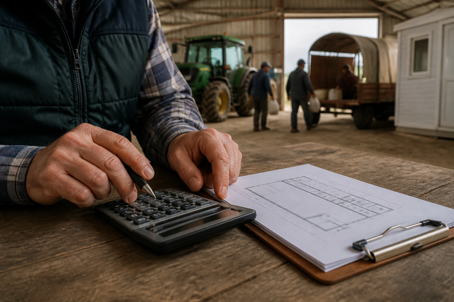 Farm manager calculating costs with calculator.