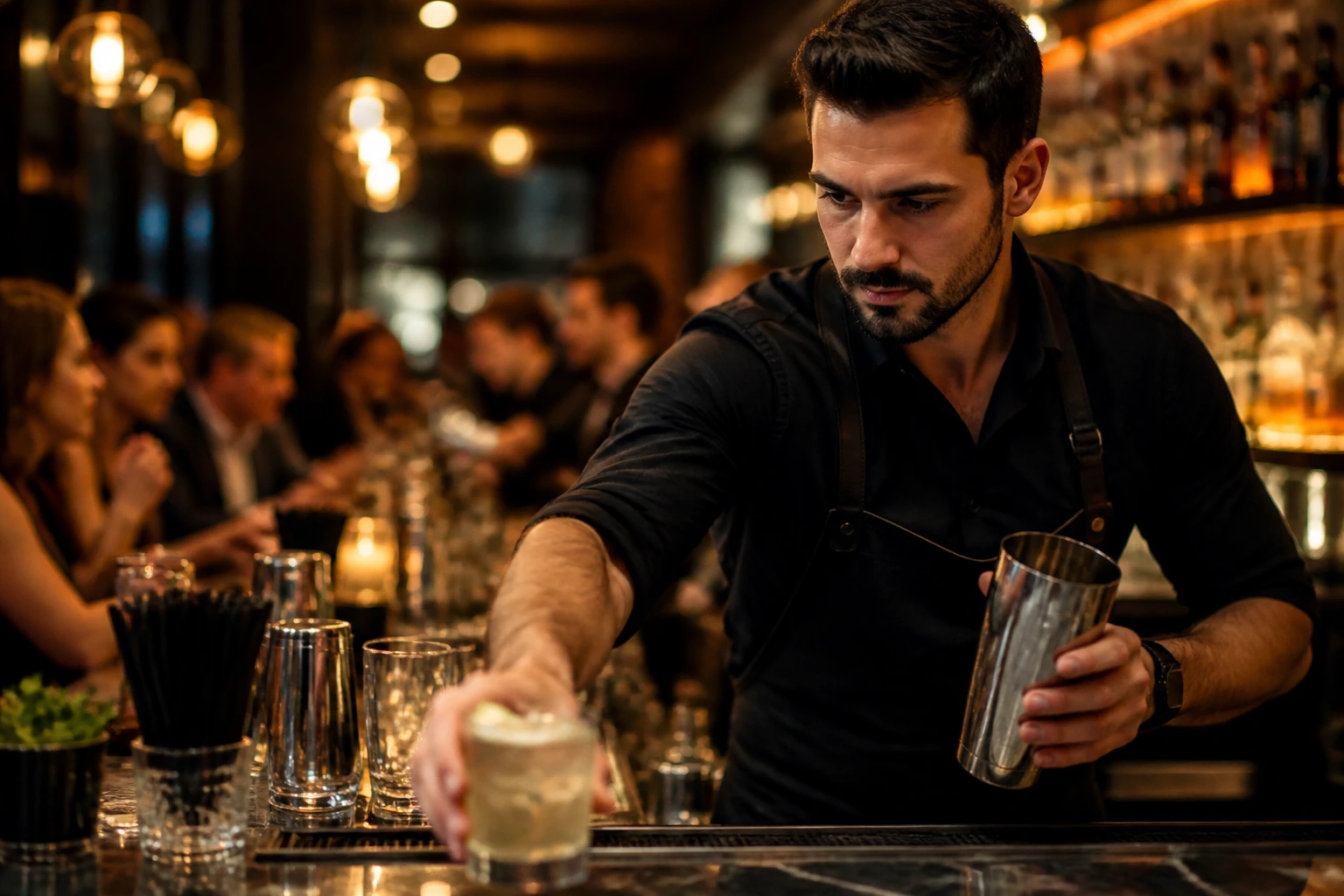Bartender performing fast service during a busy shift