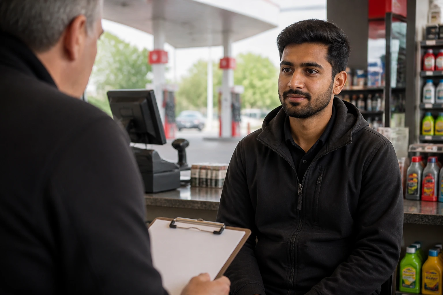 Applicant in service-station interview showing readiness for sponsorship discussion
