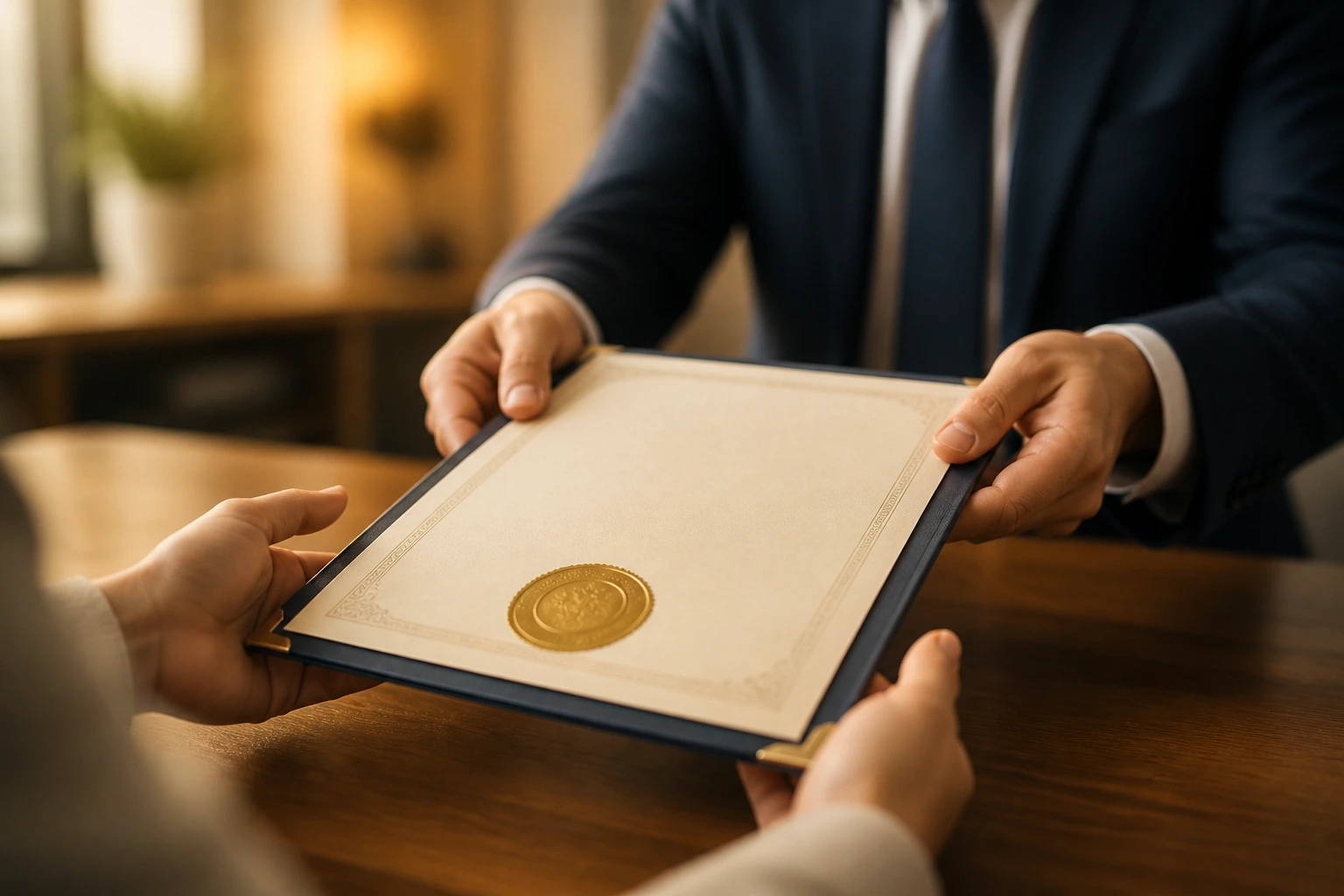 Close-up of hands presenting a ceremonial document with a seal, symbolizing the 186 visa process
