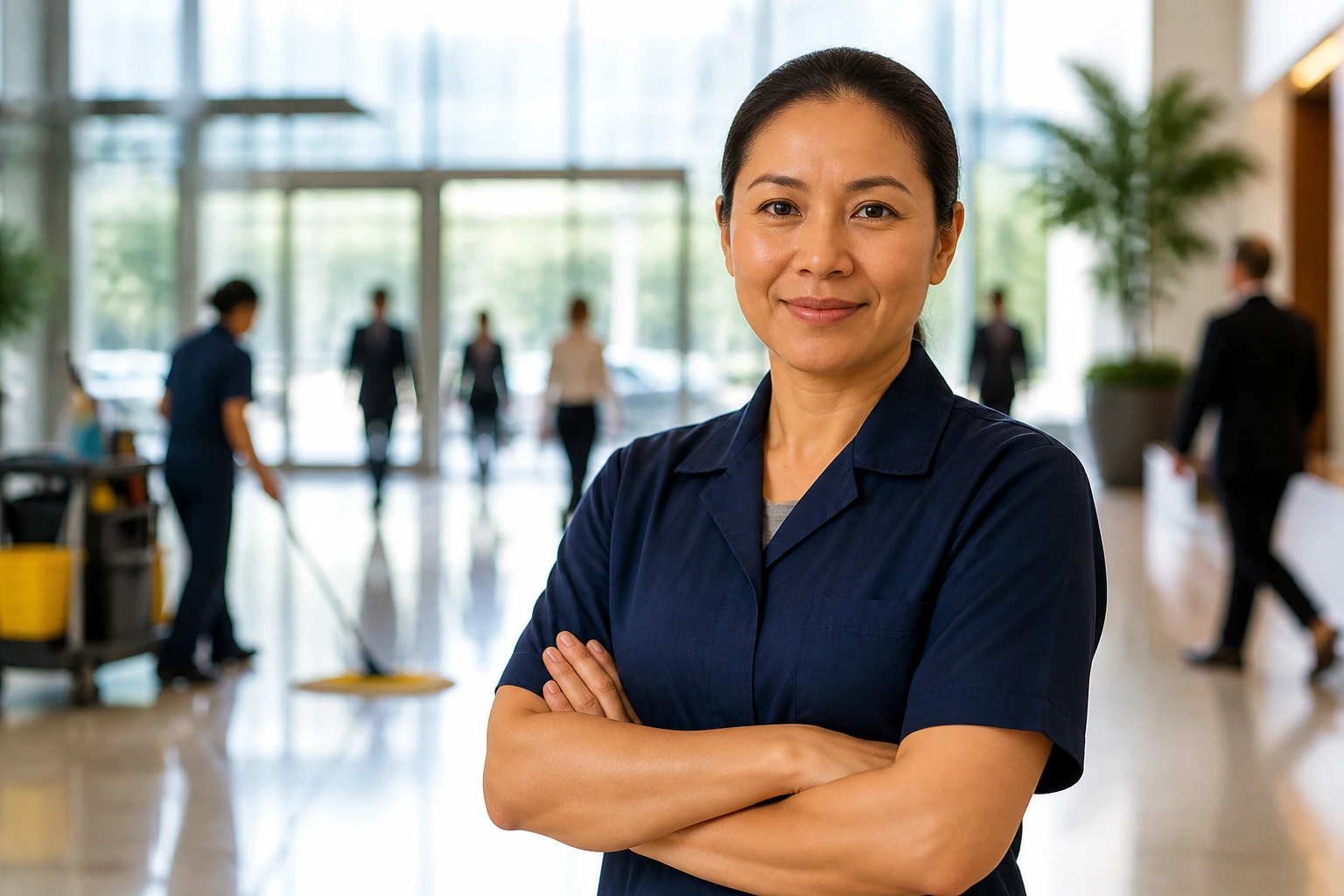 Supervisor in a clean lobby standing with calm posture