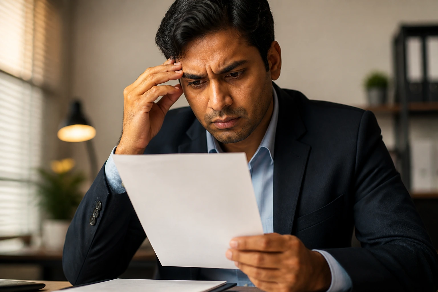 Close-up portrait of a concerned person reviewing a blank benefits document