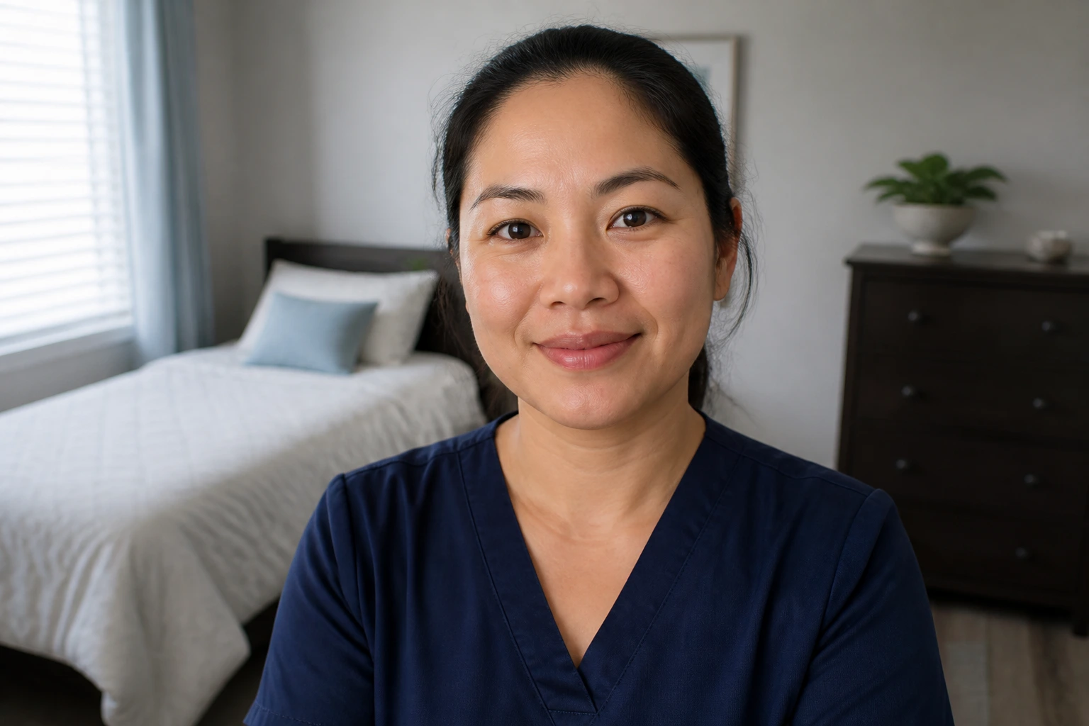 Portrait of a person in a furnished private room representing live-in accommodation