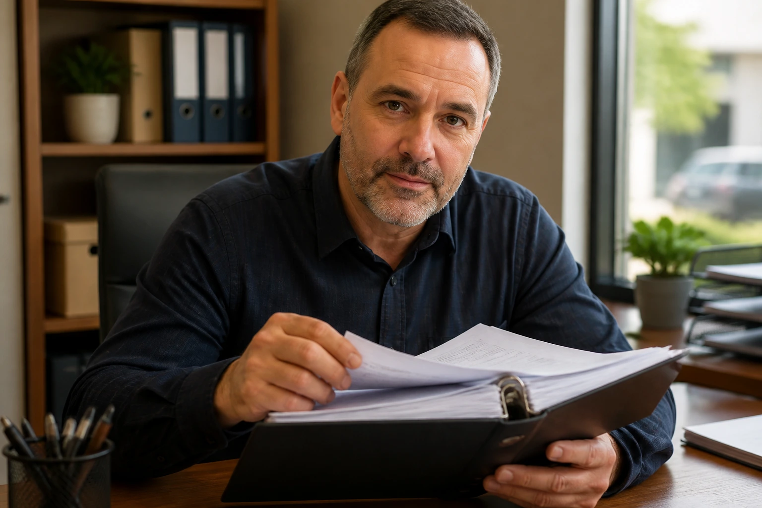 Employer at a desk in an office setting