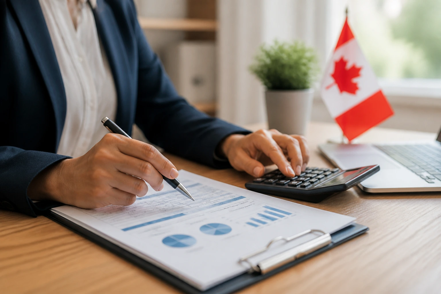 Hands reviewing a financial document with a calculator on a desk