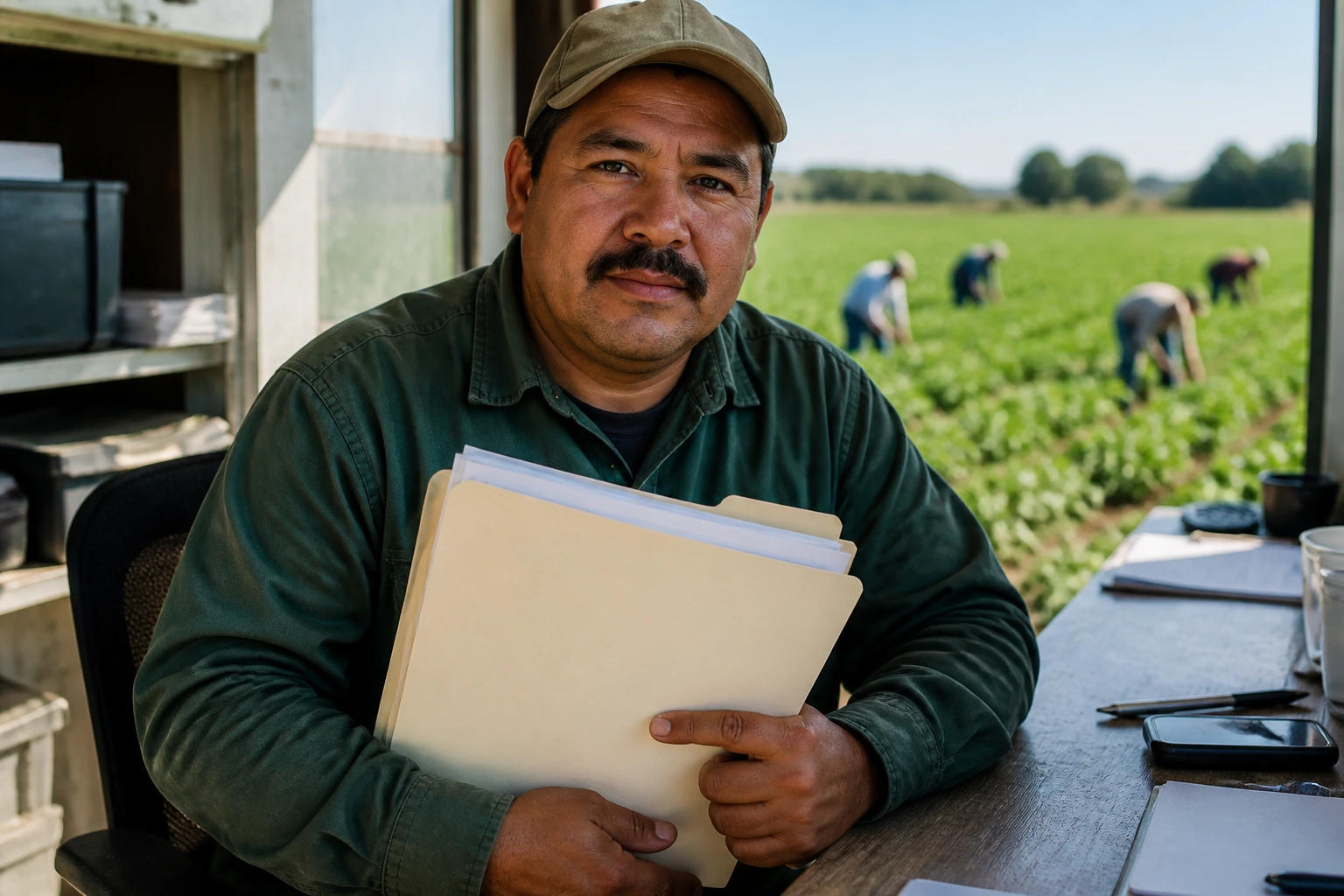 Farm supervisor in a field setting presenting documents