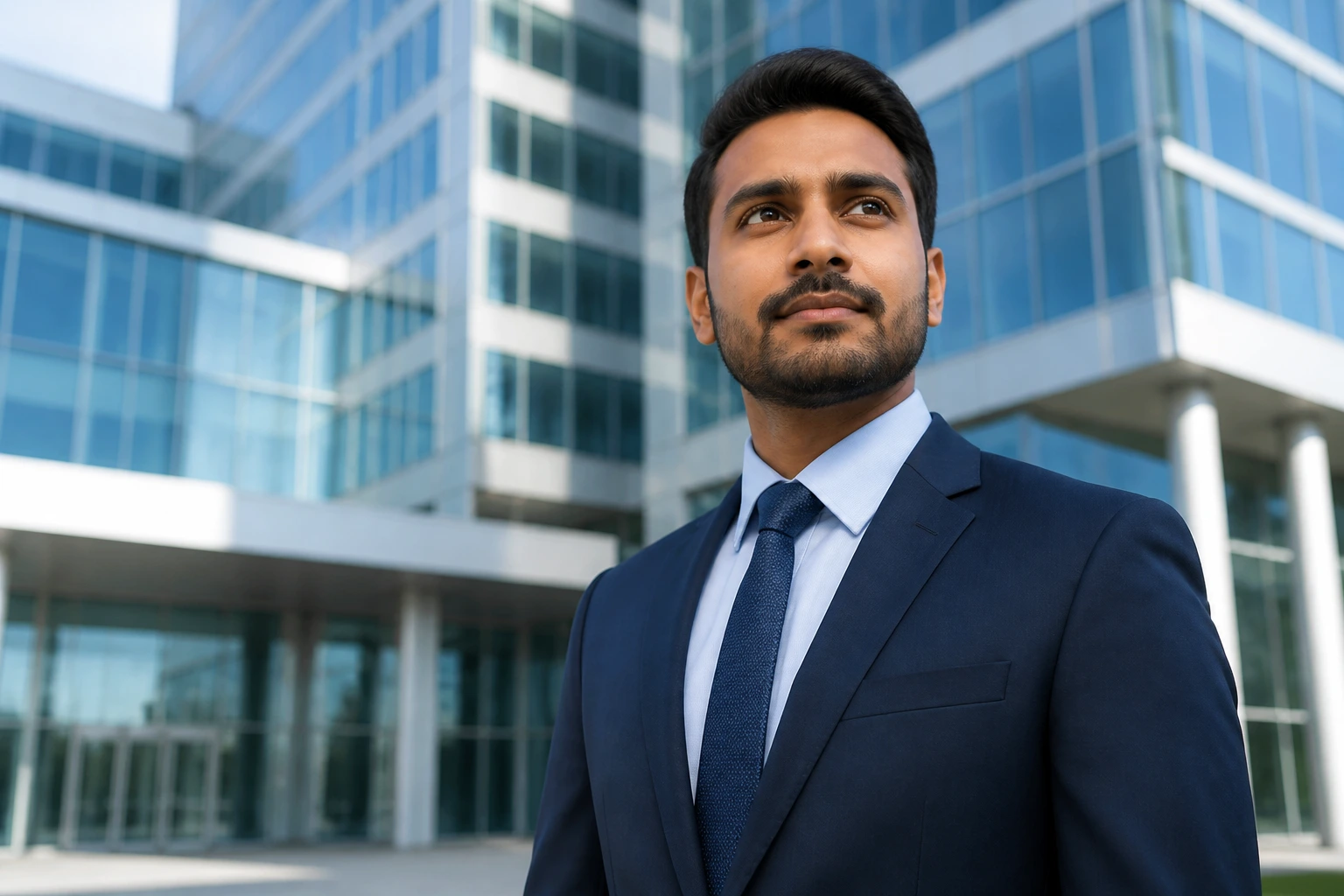 Portrait of a job seeker in front of a corporate building, illustrating choosing the right employer size