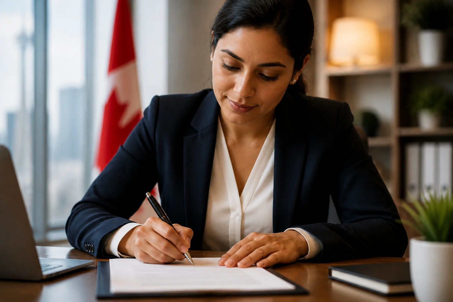 Person signing a document at a desk in an office setting