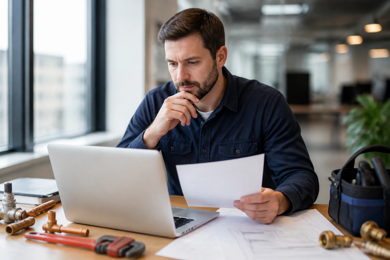 Plumber in an office, representing sponsorship-focused employer search