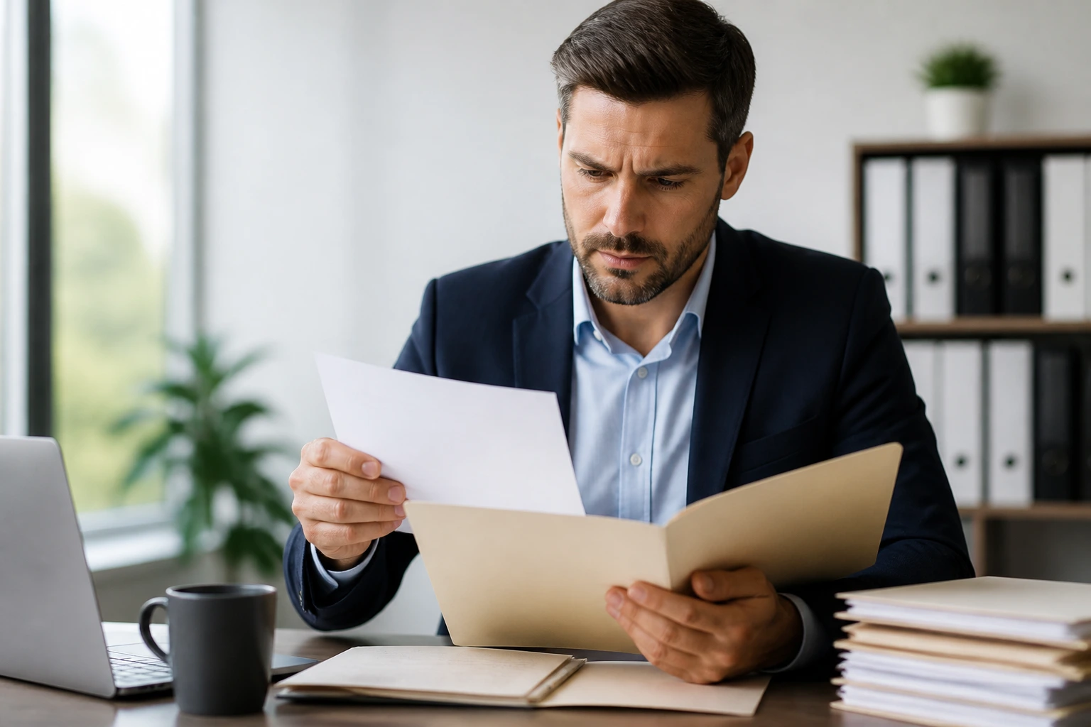 Hiring manager evaluating sponsorship readiness with a candidate file.